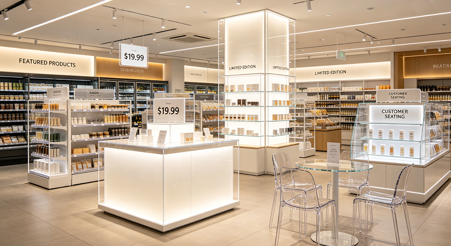 Bright minimalist electronics retail store interior with large illuminated acrylic display cabinet and white display counters