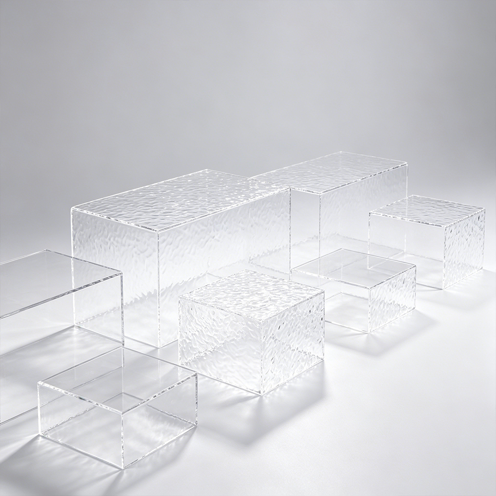 Water Ripple Textured Clear Hollow Acrylic Display Stand Set | Wholesale Transparent Cosmetic & Craft Showcase Pedestal