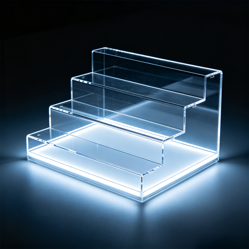 4-tier stepped clear acrylic display riser with built-in base LED light strip, dark black studio background product shot