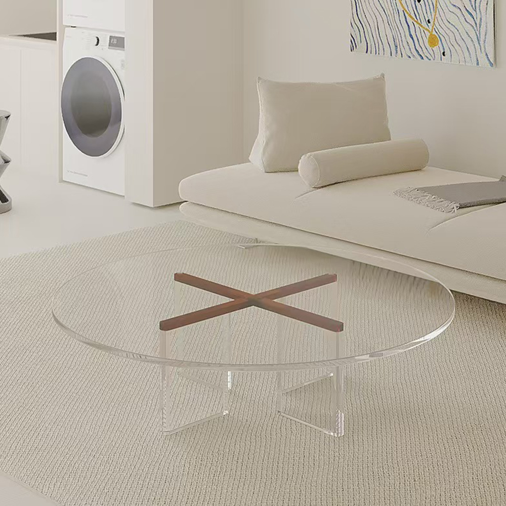 Amber Tinted Round Acrylic Coffee Table With Cross X Legs
