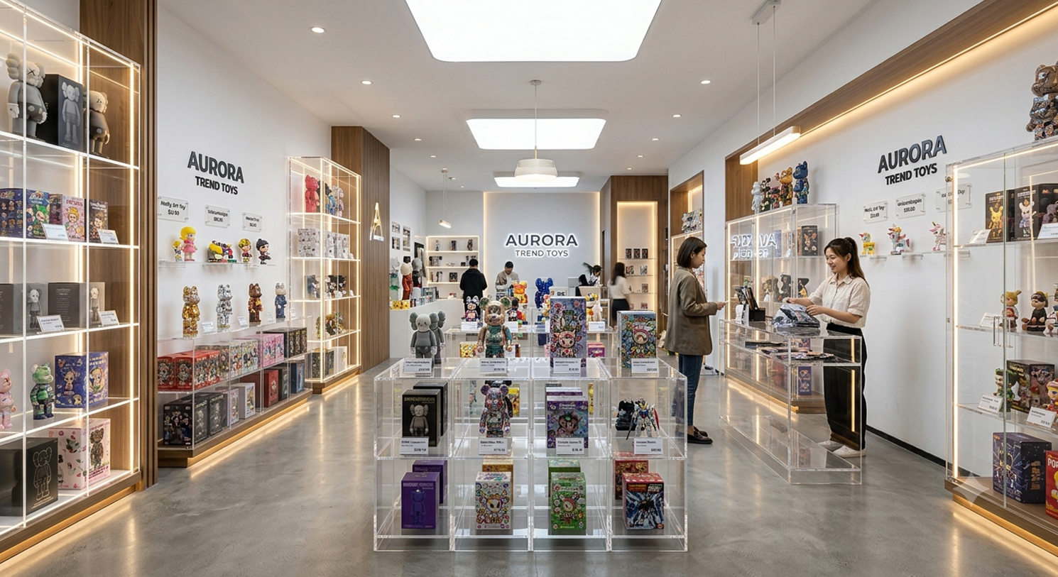 Clean light-toned electronics shop, long continuous transparent acrylic display ledge for tablet and smartphone product presentation