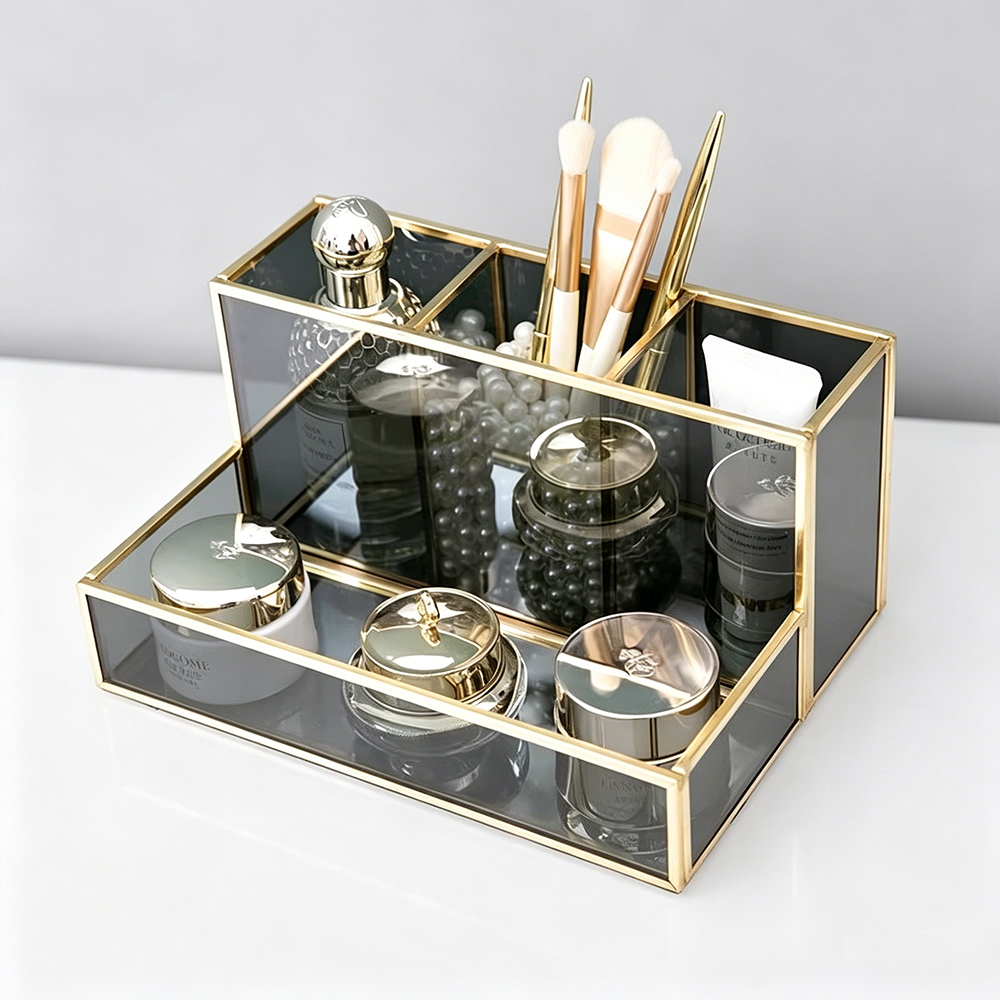 Gold Rim Glass & Acrylic Makeup Organizer