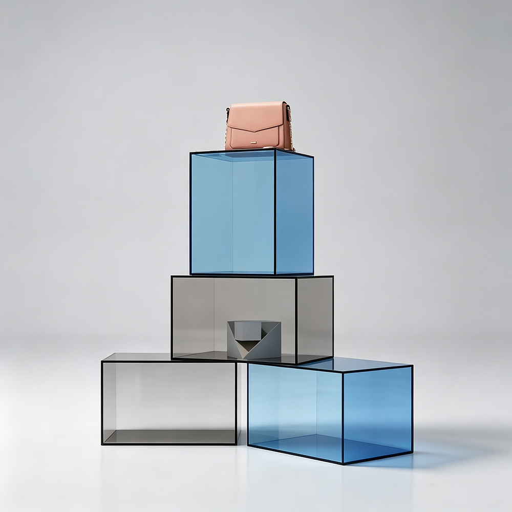 Smoke & Light Blue Hollow Acrylic Cube Stackable Display Set
