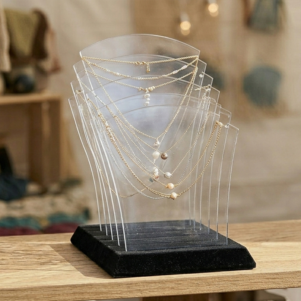 Fan-Shaped Tiered Clear Acrylic Necklace Display Stand | Wholesale Boutique Jewelry Rack with Velvet Base
