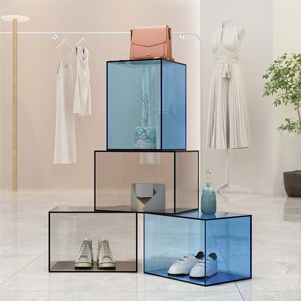 Smoke & Light Blue Hollow Acrylic Cube Stackable Display Set