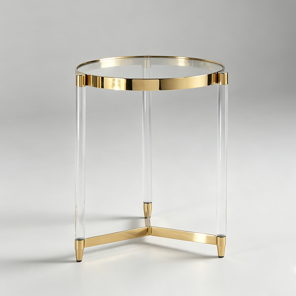 Round Clear Acrylic Side Table With Gold Metal Rim & Cylinder Acrylic Legs | Wholesale Luxury French Sofa End Table