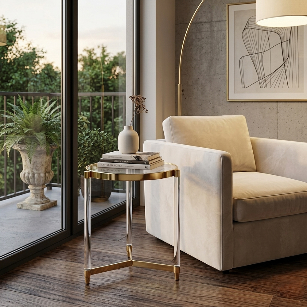 Round Clear Acrylic Side Table With Gold Metal Rim & Cylinder Acrylic Legs | Wholesale Luxury French Sofa End Table