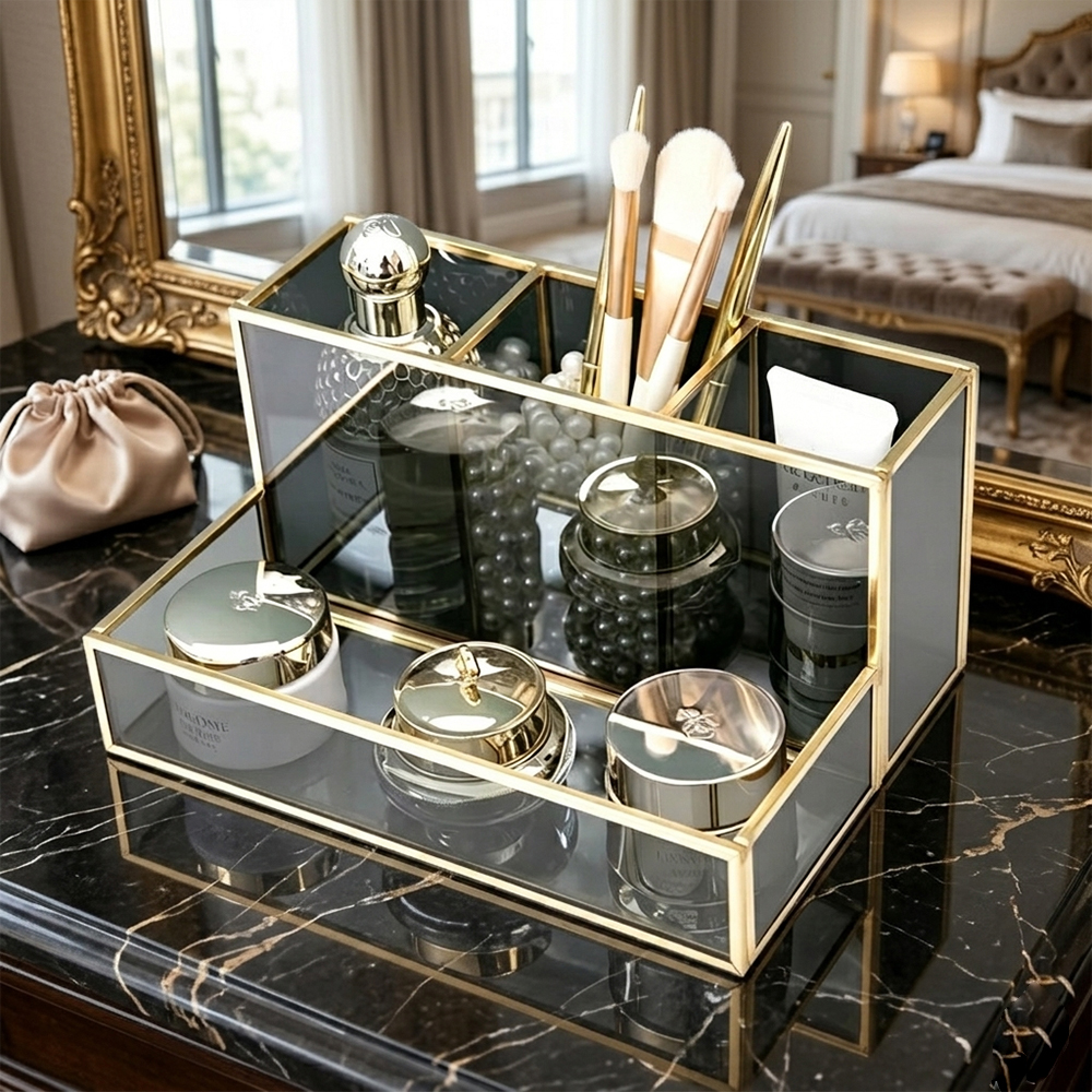 Gold Rim Glass & Acrylic Makeup Organizer