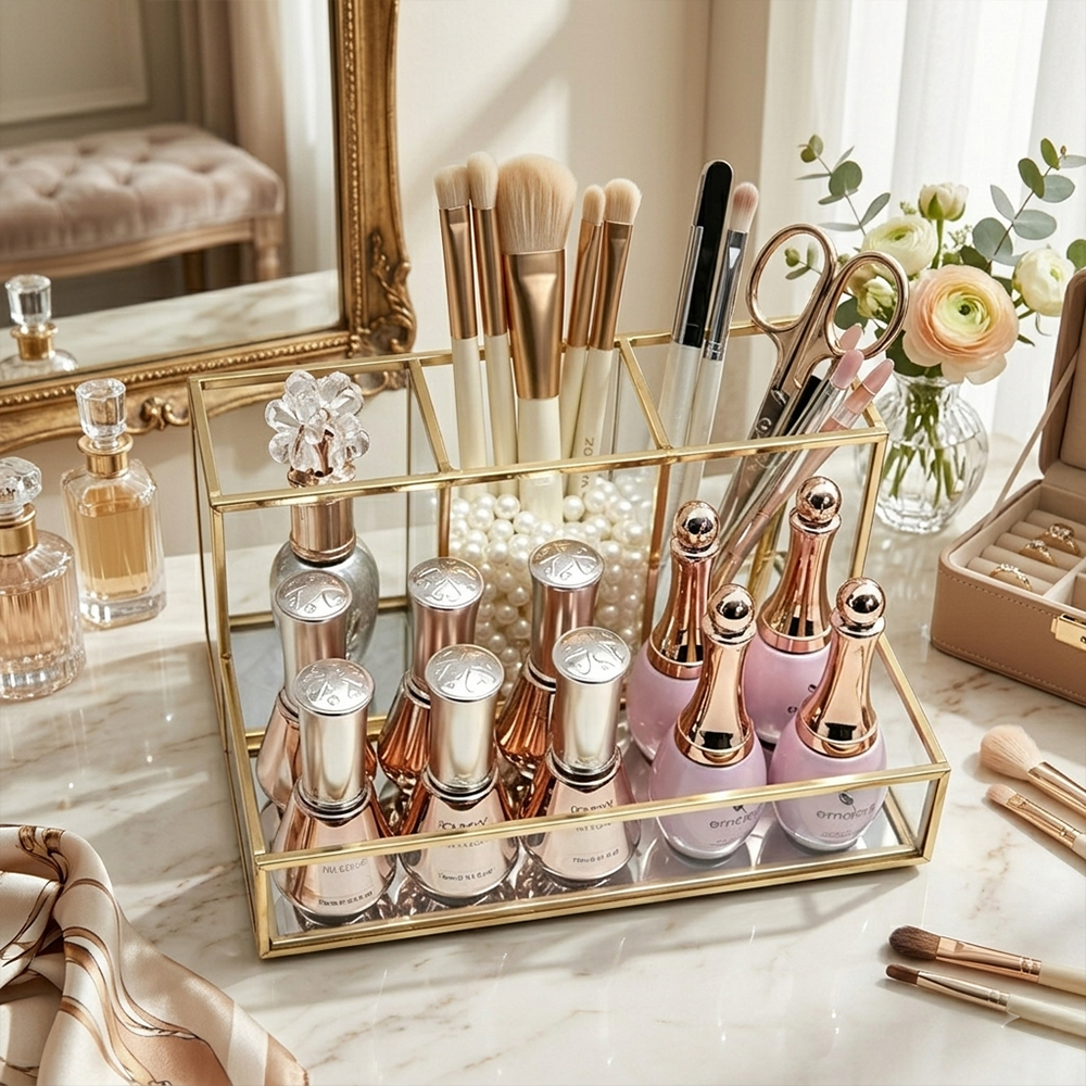 Gold Rim Glass & Acrylic Makeup Brush Organizer