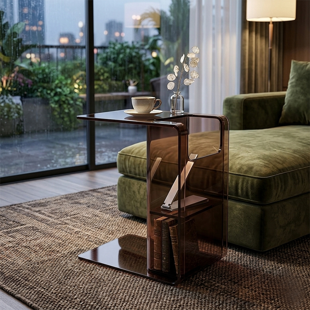 Smoke Brown One-Piece Bent C-Shaped Acrylic Storage Side Table