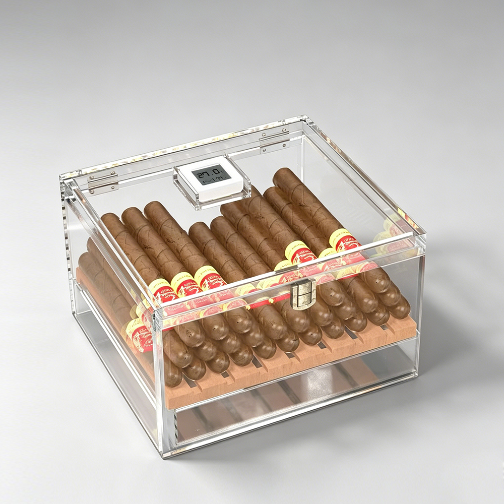 Acrylic Cigar Humidor Box with Digital Hygrometer & Cedar Liner | Wholesale Tobacco Storage Display Case