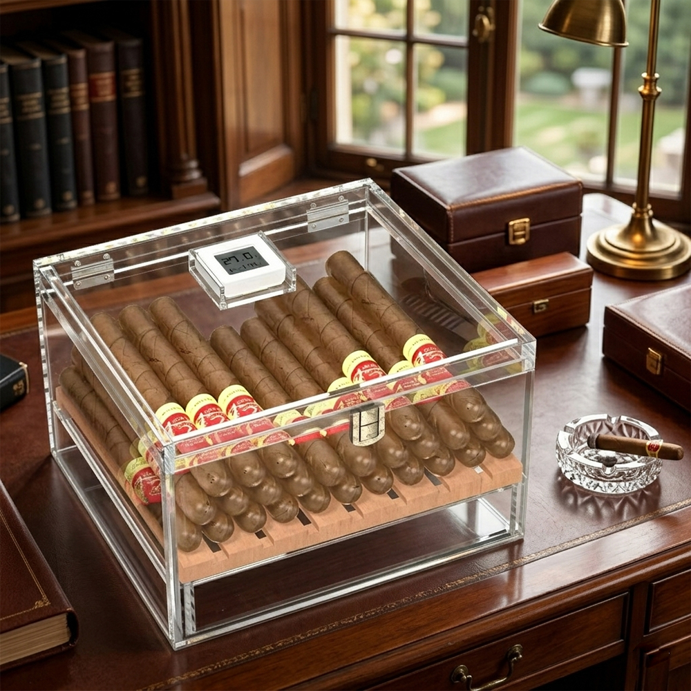 Acrylic Cigar Humidor Box with Digital Hygrometer & Cedar Liner | Wholesale Tobacco Storage Display Case
