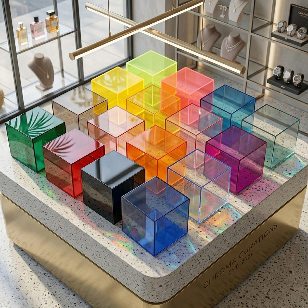 Full Color Multi-Size Hollow Clear Acrylic Cube Display Box Pack | Wholesale Customizable Retail Merchandise Pedestal