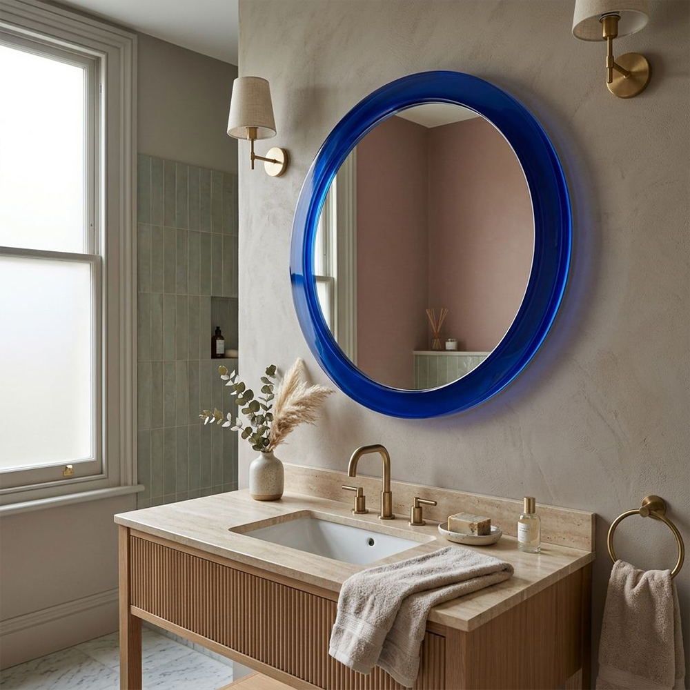 Klein Blue Double Ring Tinted Acrylic Round Bathroom Mirror