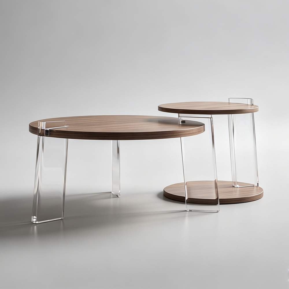 Walnut Nested Round Side Table Set With Clear Acrylic U Legs
