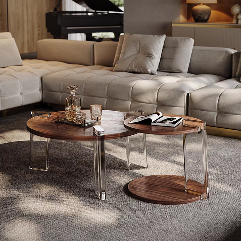 Walnut Nested Round Side Table Set With Clear Acrylic U Legs
