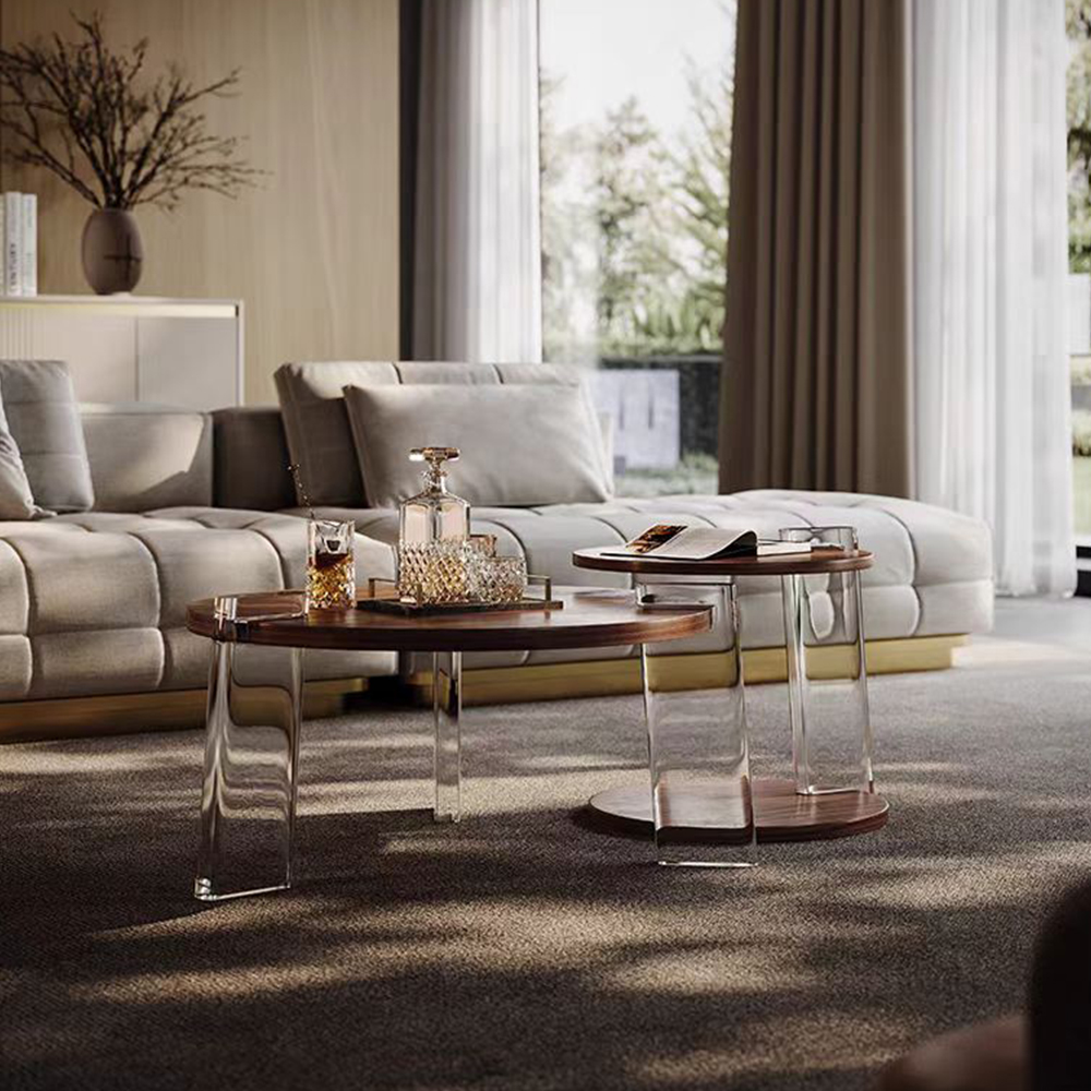Walnut Nested Round Side Table Set With Clear Acrylic U Legs