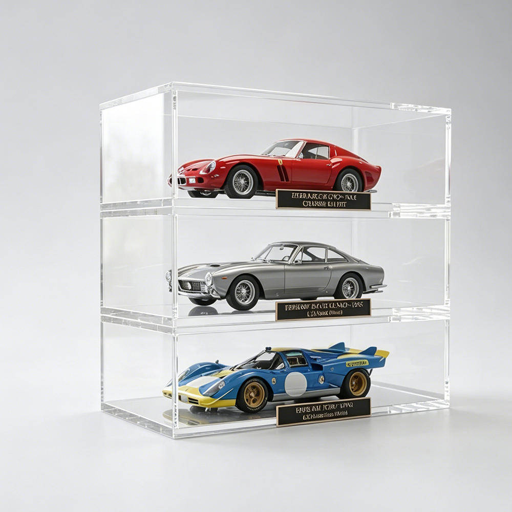 Clear acrylic three-tier model car display case with collectible cars