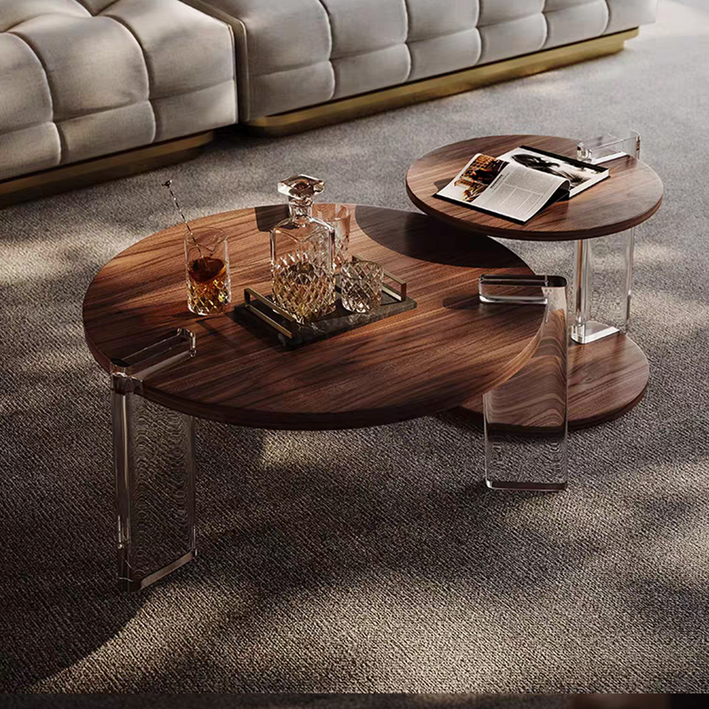 Walnut Nested Round Side Table Set With Clear Acrylic U Legs