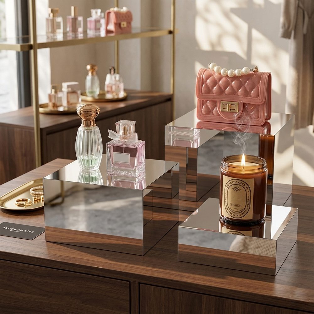 Gold & Magenta Mirror Hollow Acrylic Display Stand Set | Wholesale Boutique Window Product Riser Pedestal
