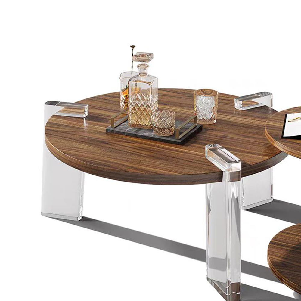 Walnut Nested Round Side Table Set With Clear Acrylic U Legs