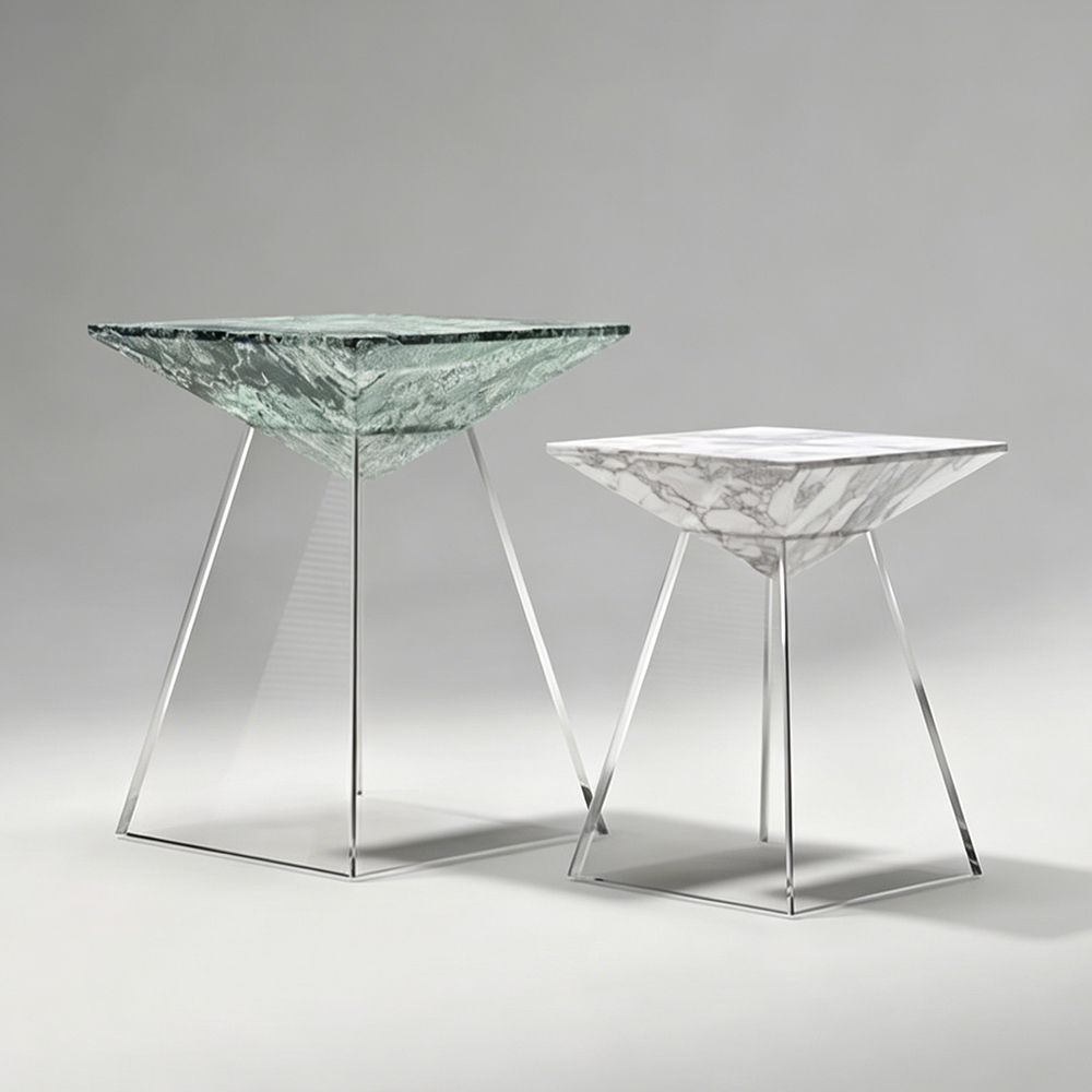 Faux Marble Pyramid Top Square Side Table Set With Clear Acrylic Triangle Frame Legs