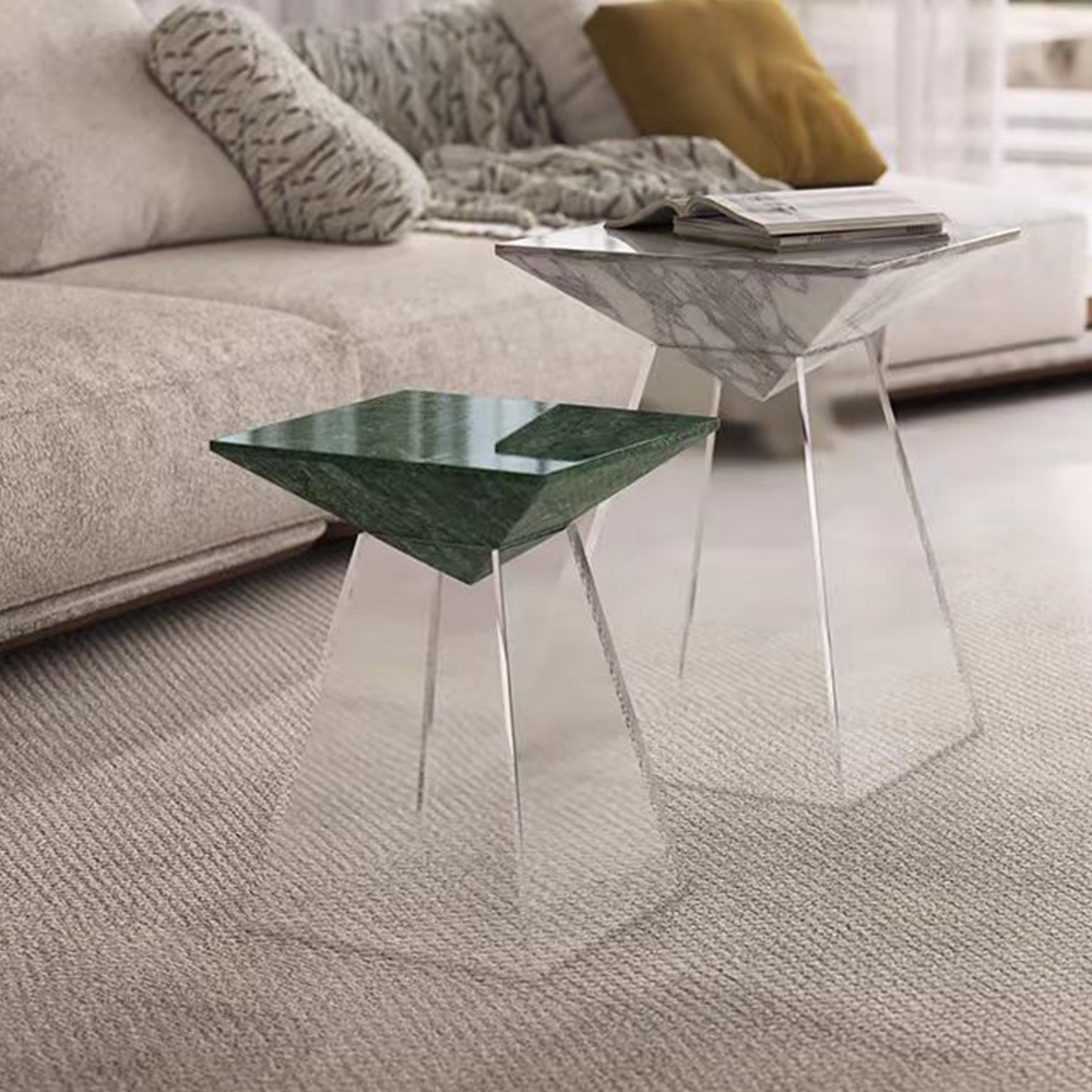 Faux Marble Pyramid Top Square Side Table Set With Clear Acrylic Triangle Frame Legs