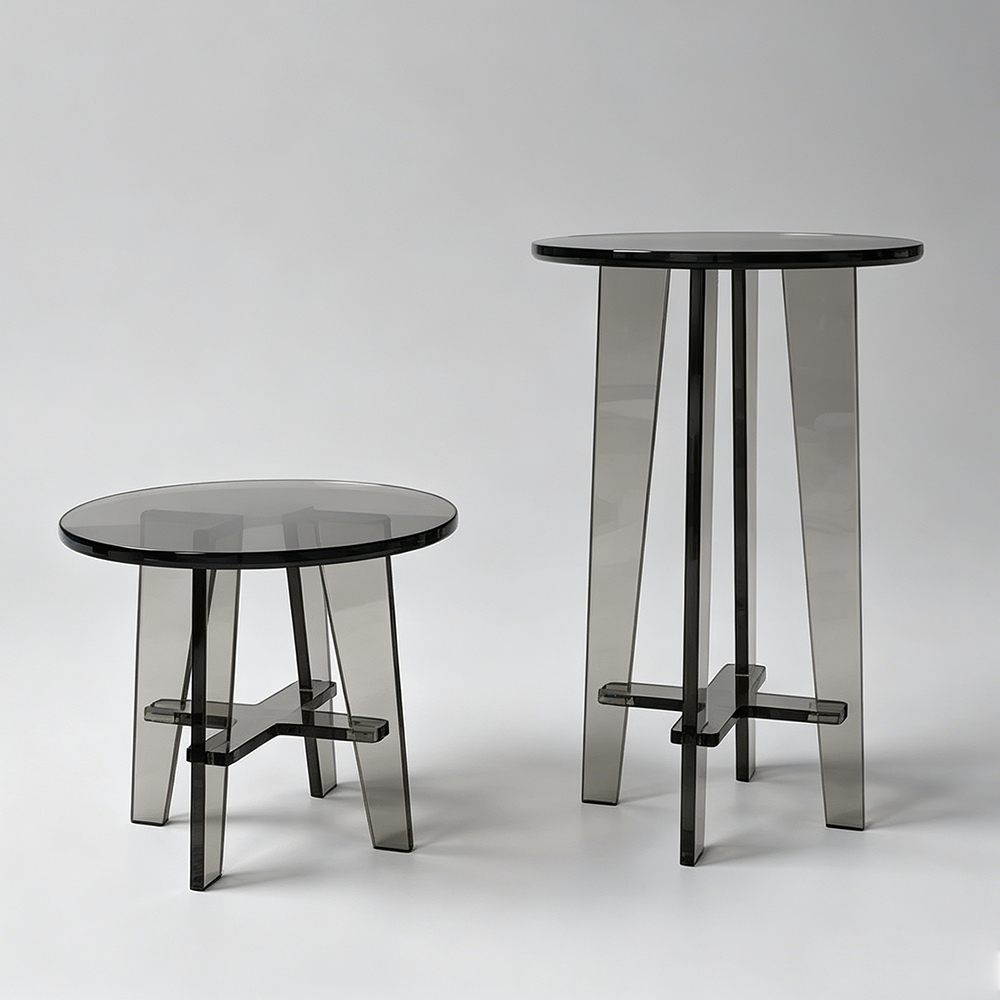Smoke Gray Tinted Round Acrylic Side Table Set With Cross X Support Frame