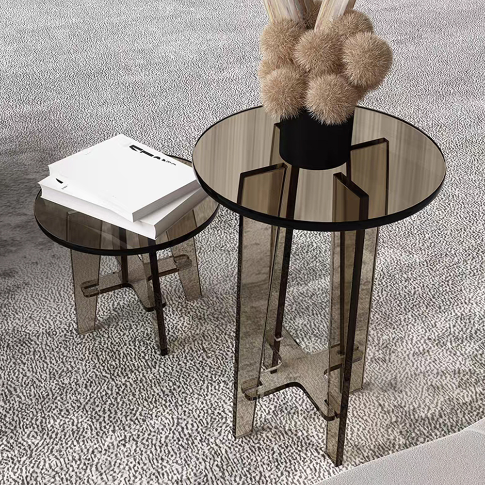 Smoke Gray Tinted Round Acrylic Side Table Set With Cross X Support Frame