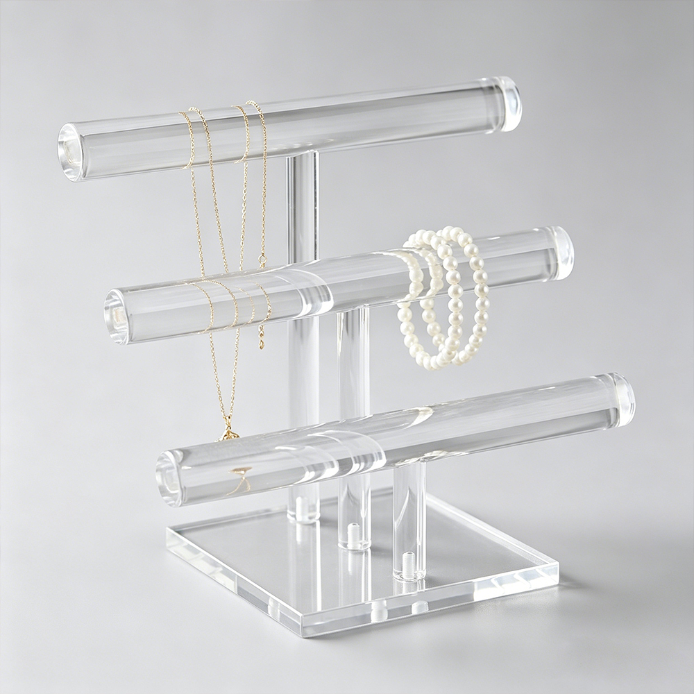 3-Tier T-Shaped Clear Acrylic Bracelet & Necklace Stand | Wholesale Retail Jewelry Display Rack English Description