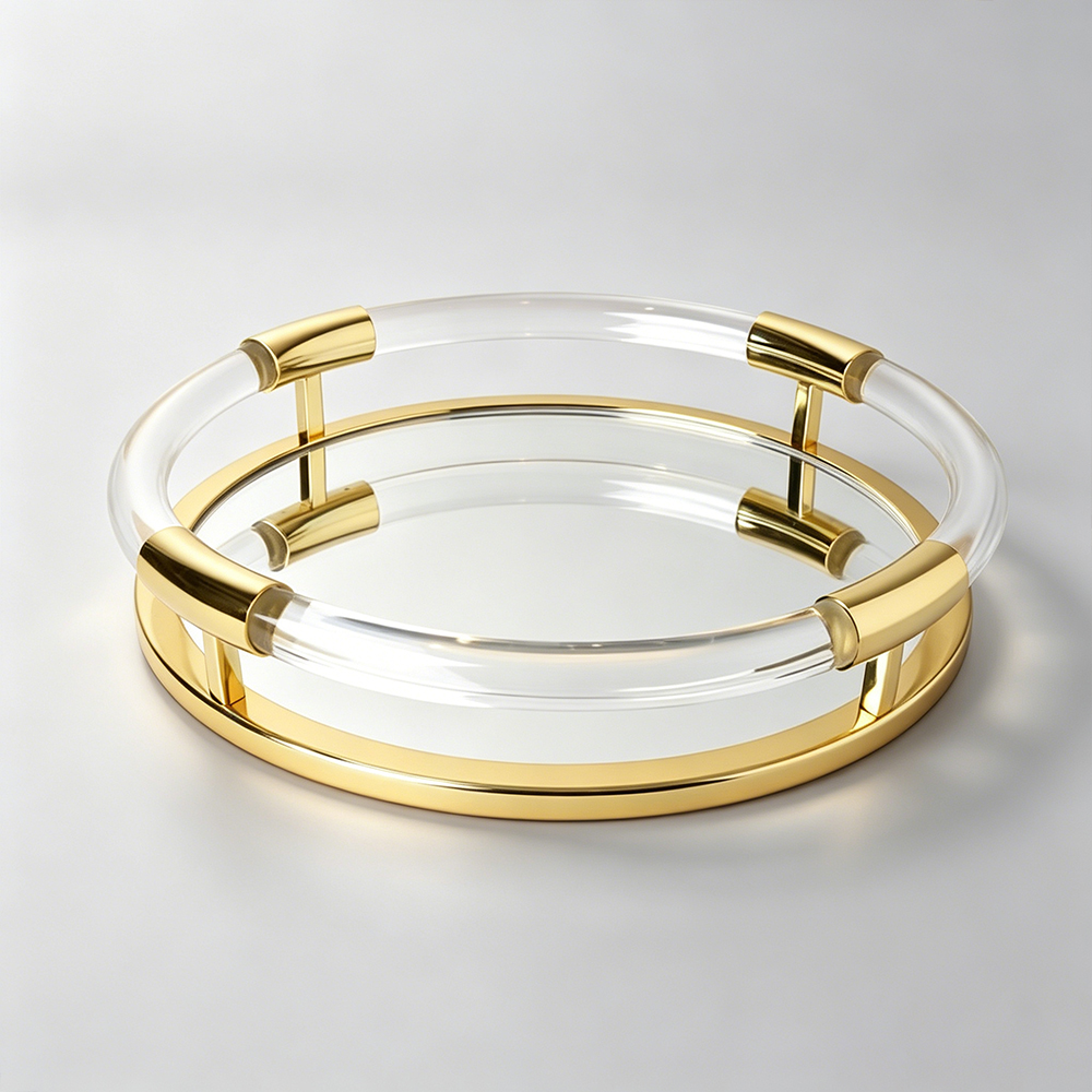 Round Hollow Double Layer Acrylic Tray With Clear Tube & Gold Metal Frame | Wholesale Coffee Table Decor Serving Tray