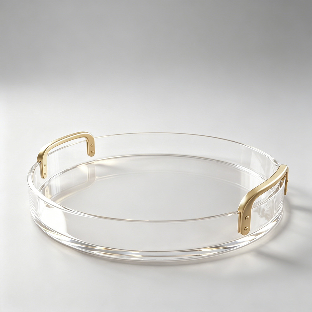 Clear Round Acrylic Serving Tray With Curved Gold Metal Handles