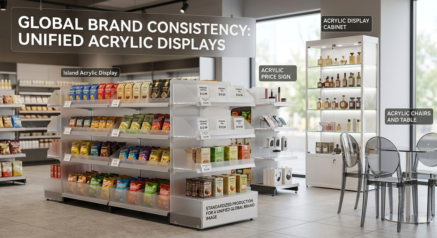 Modern retail boutique with uniform acrylic display fixtures, text overlay Brand Consistency: Acrylic Displays, shoppers browsing goods