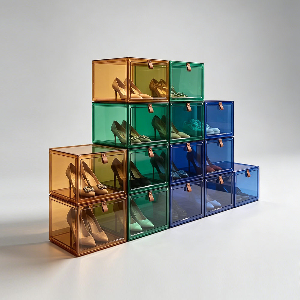 Multi-Color Tinted Stackable Acrylic Shoe Cube Set With Leather Pull Tab