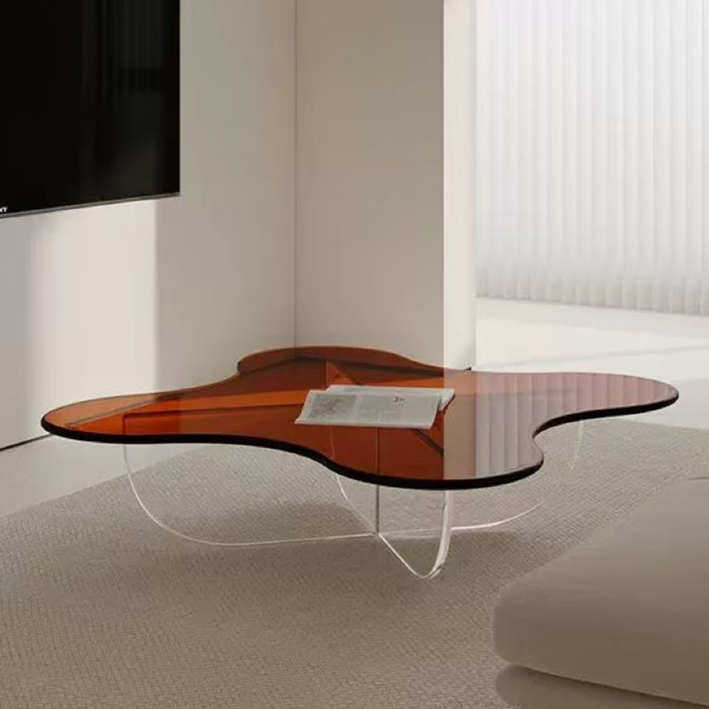 Amber Irregular Cloud Shape Acrylic Coffee Table With Separated X & U Acrylic Legs