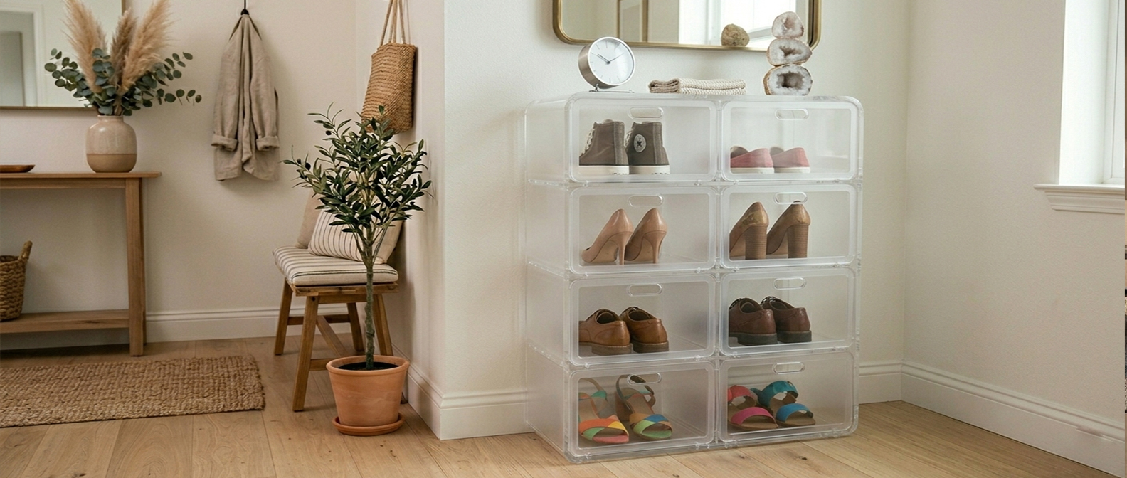 8-Grid Flip Front Stackable Clear Acrylic Shoe Cube Cabinet Set
