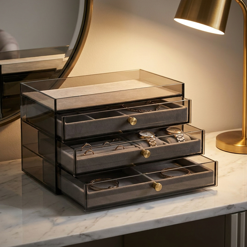 Smoky Gray Acrylic Jewelry Organizer with Velvet Trays
