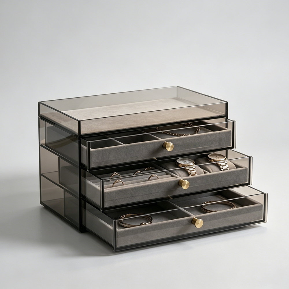 Smoky Gray Acrylic Jewelry Organizer with Velvet Trays