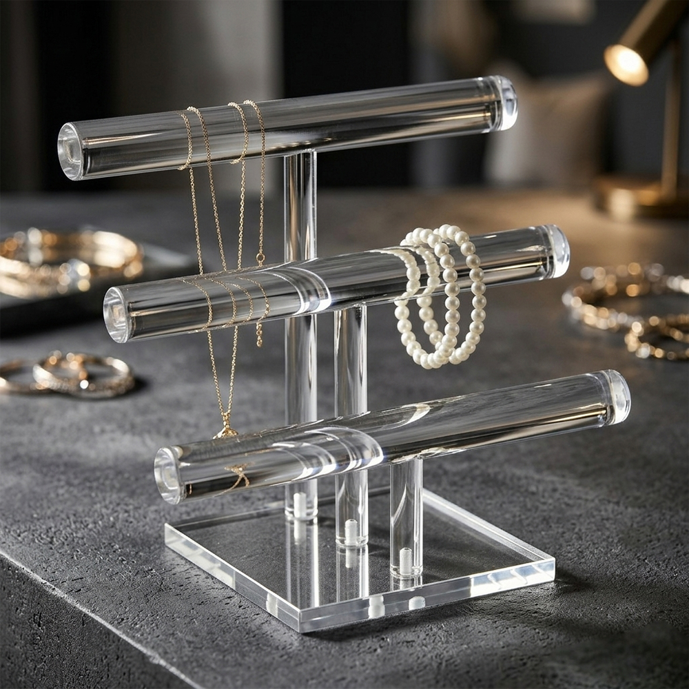 3-Tier T-Shaped Clear Acrylic Bracelet & Necklace Stand | Wholesale Retail Jewelry Display Rack English Description
