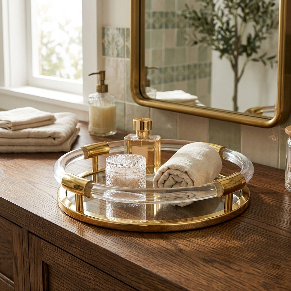 Round Hollow Double Layer Acrylic Tray With Clear Tube & Gold Metal Frame | Wholesale Coffee Table Decor Serving Tray