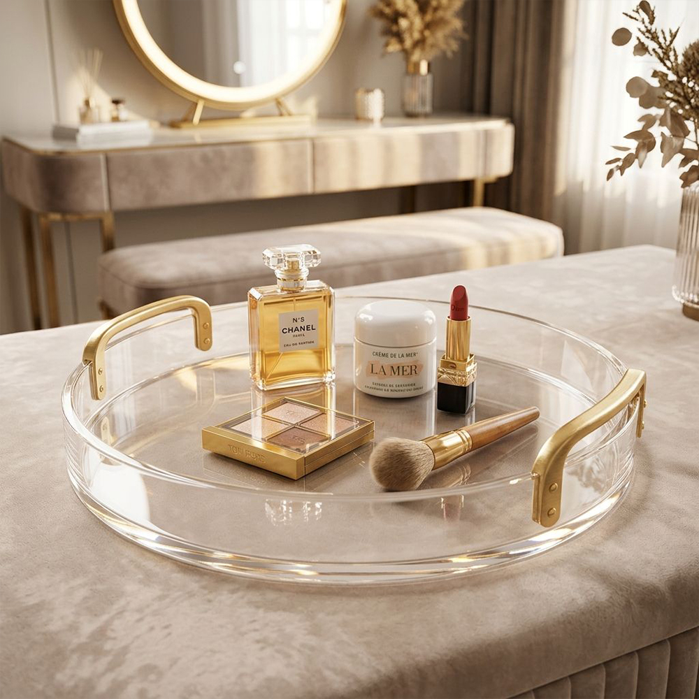 Clear Round Acrylic Serving Tray With Curved Gold Metal Handles