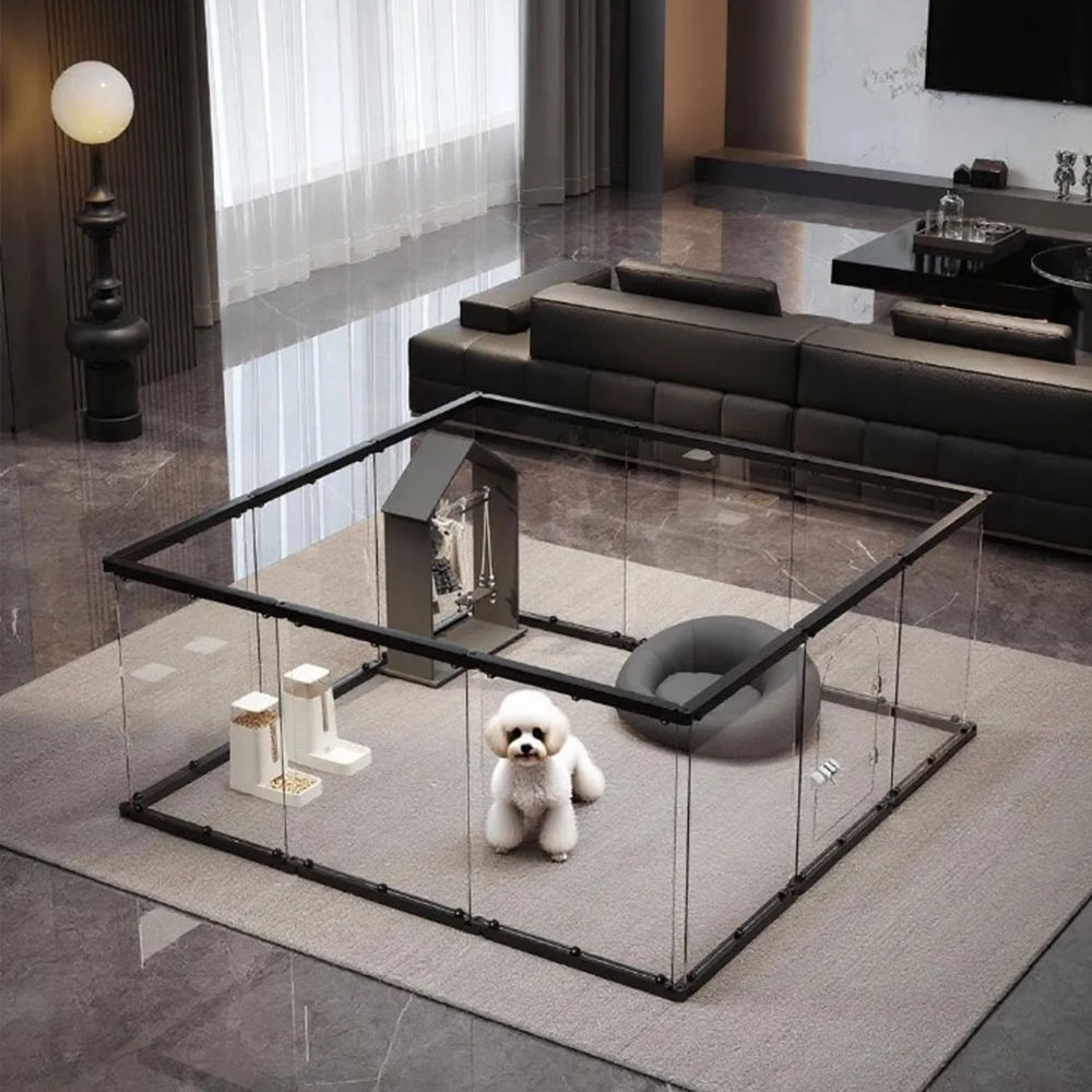 Minimalist black metal frame small dog acrylic playpen with transparent side panels in modern living space