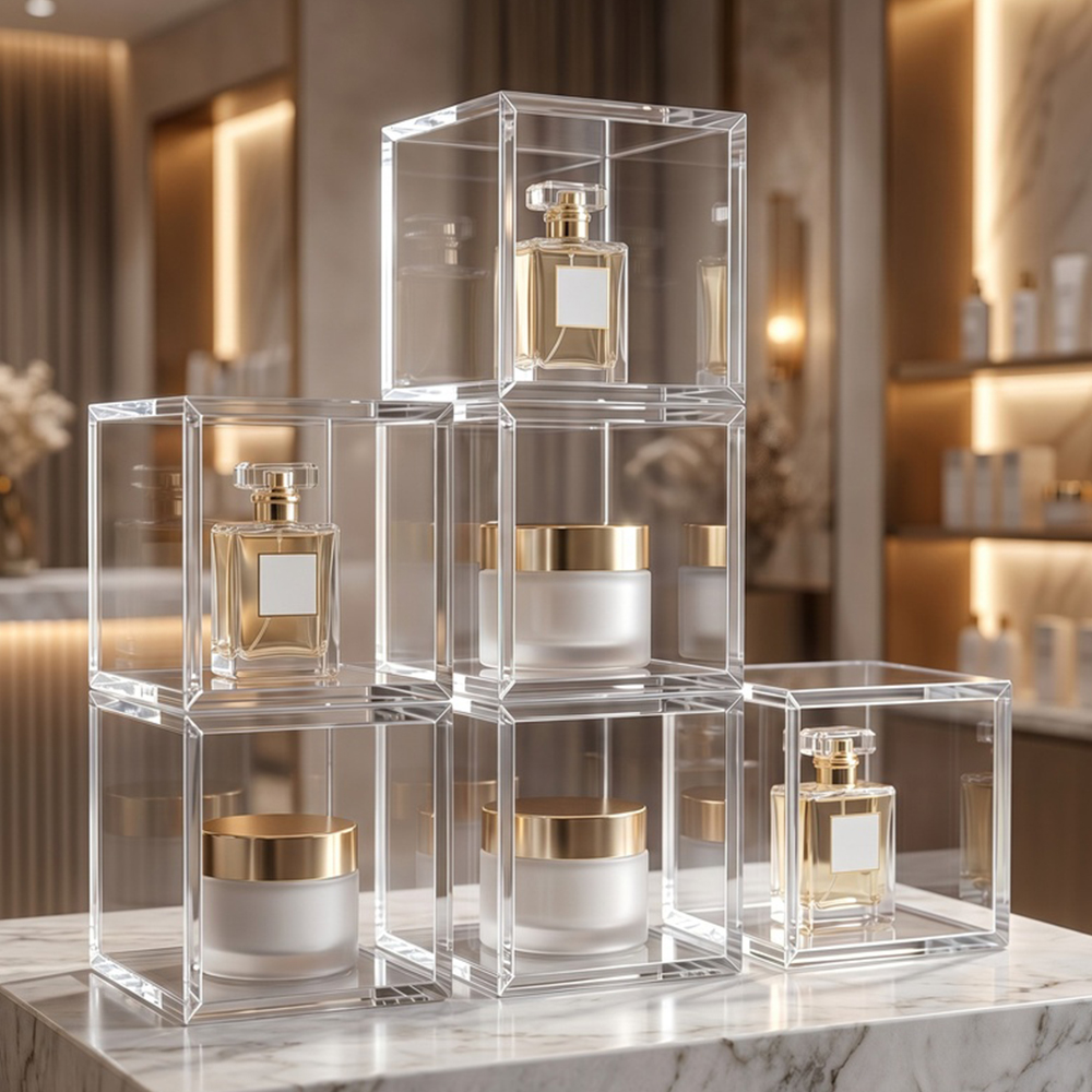 Clear Hollow Acrylic Cube Display Box Stackable Set | Wholesale Multi-Size Transparent Product Showcase Pedestal