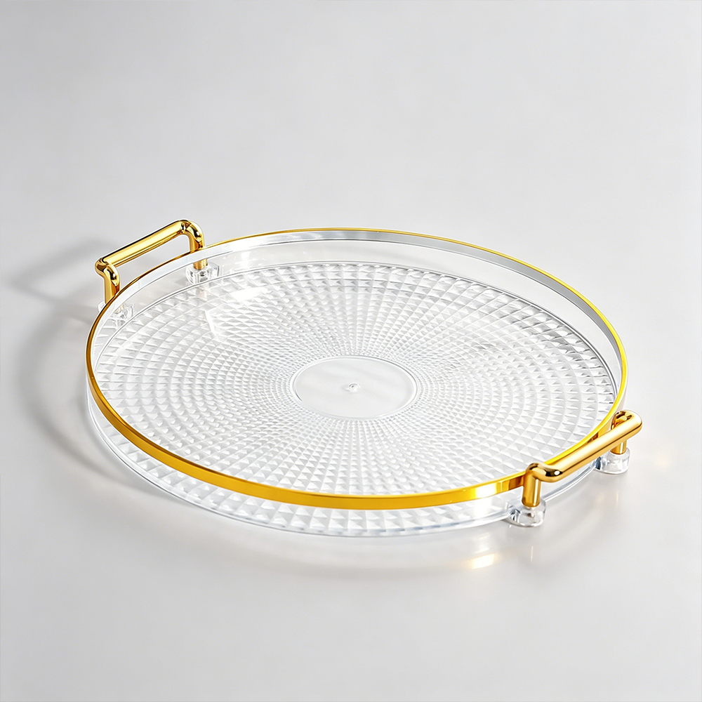 Diamond Embossed Base Round Acrylic Tray With Gold Rim & Handles