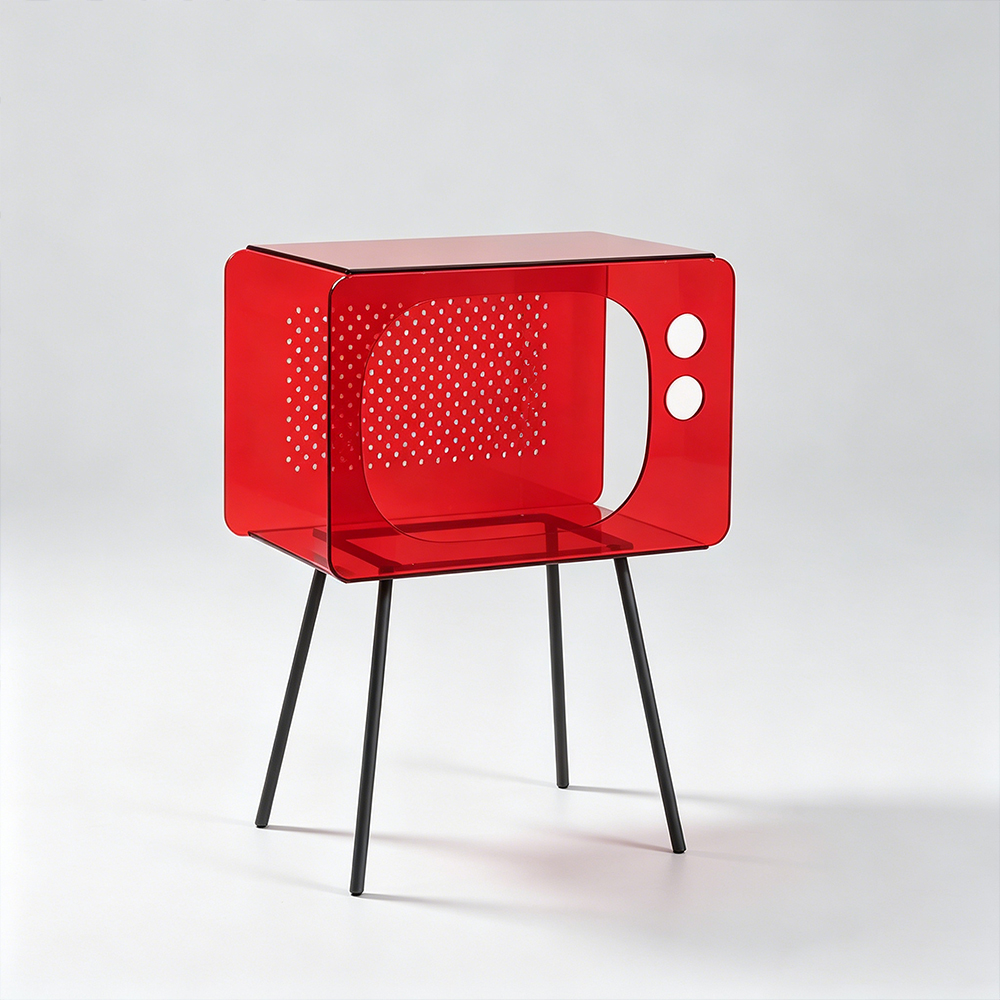 Retro Red TV Shape Acrylic Nightstand With Black Metal Tripod Legs