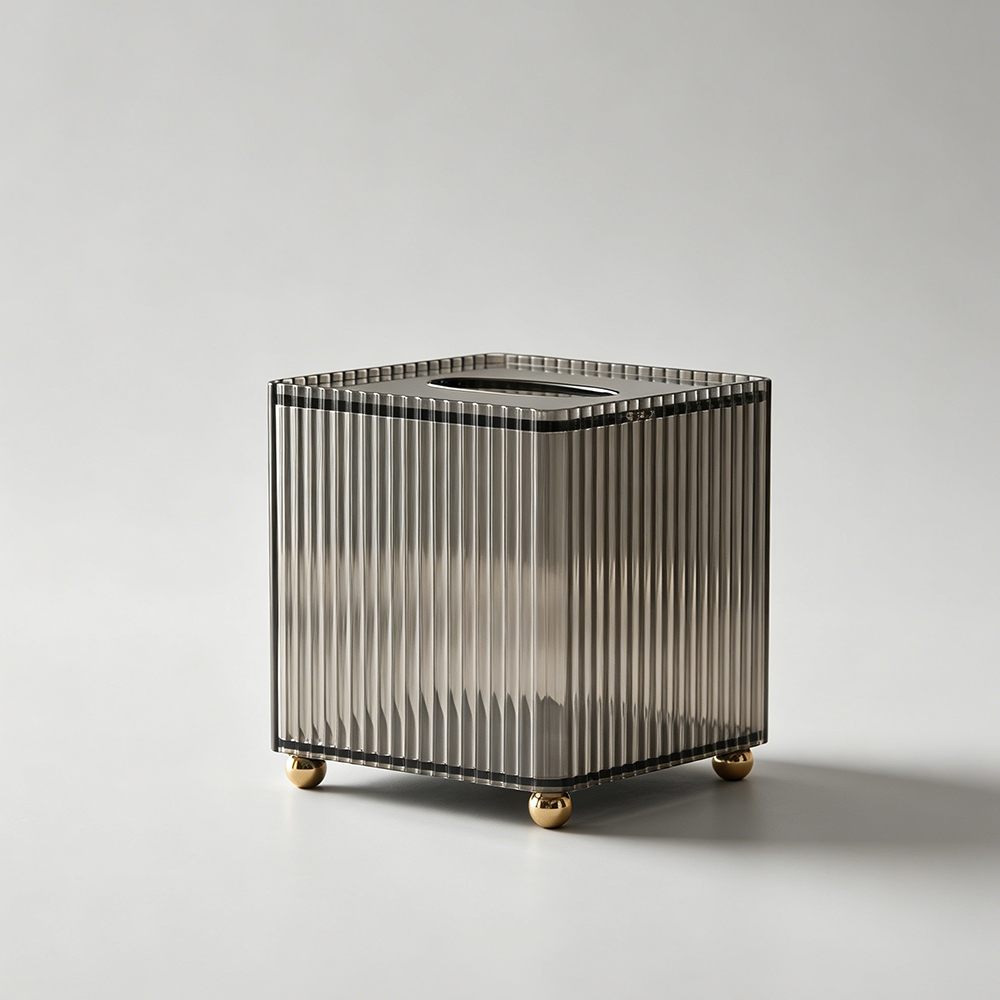 Vertical Fluted Smoke Gray Acrylic Tissue Box with Gold Feet