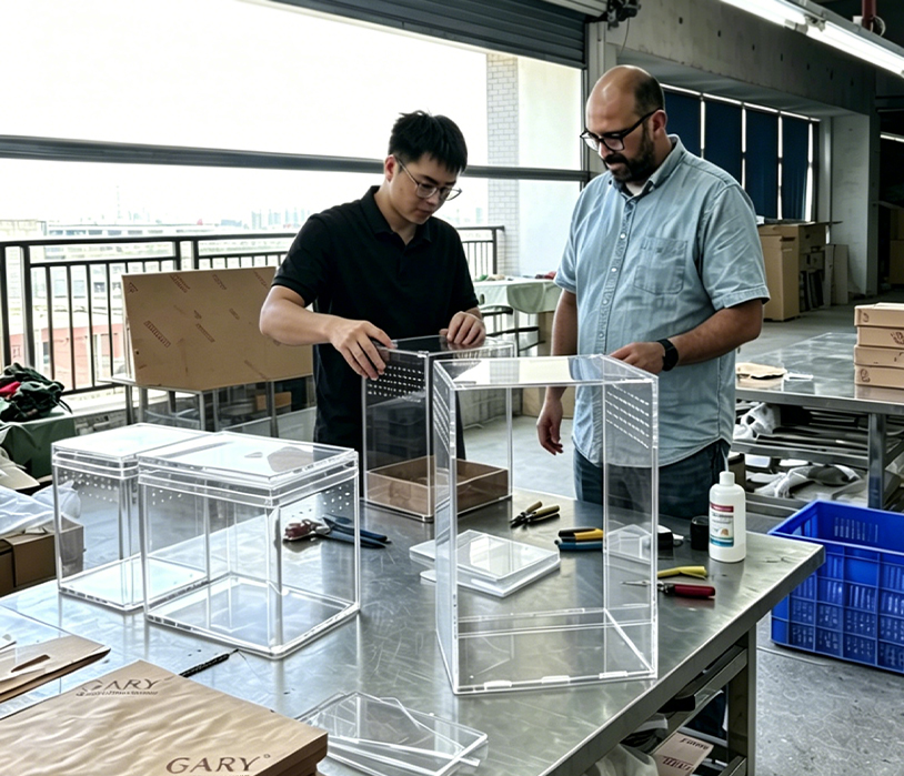 Two men inspecting transparent acrylic pet display cage prototype at factory testing workstation