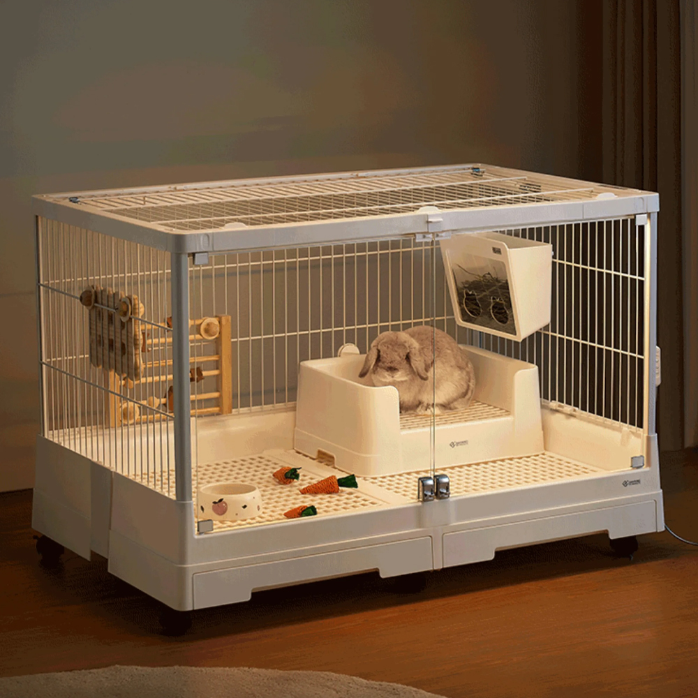 White metal wire rabbit cage paired with matching acrylic activity panels, indoor pet room display