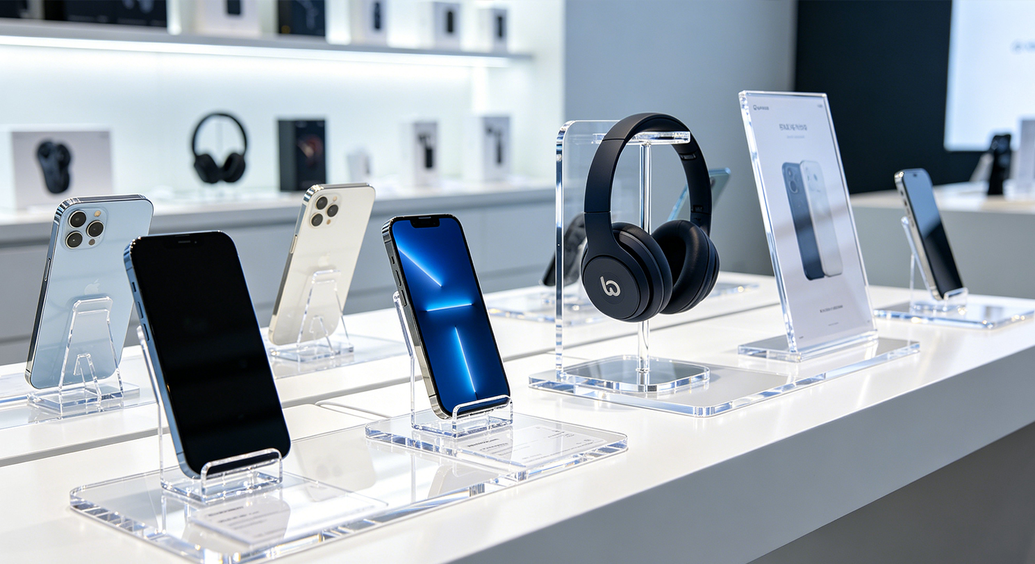 Transparent acrylic tiered display holders for blue gradient smartphone and black headset, tech retail showcase mockup