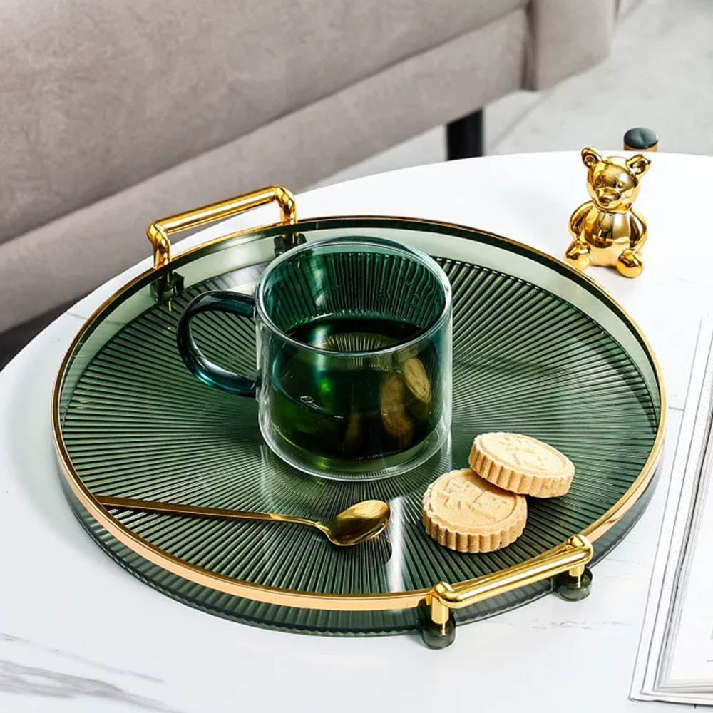 Diamond Embossed Base Round Acrylic Tray With Gold Rim & Handles